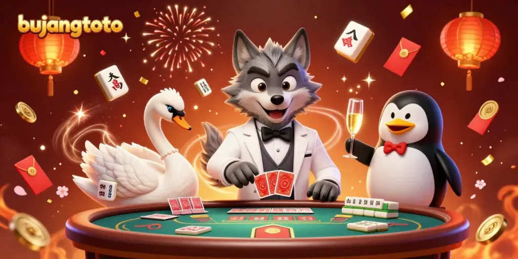 Experience the thrill of bujangtoto with a lively 3D casino scene featuring vibrant characters and rich game elements.