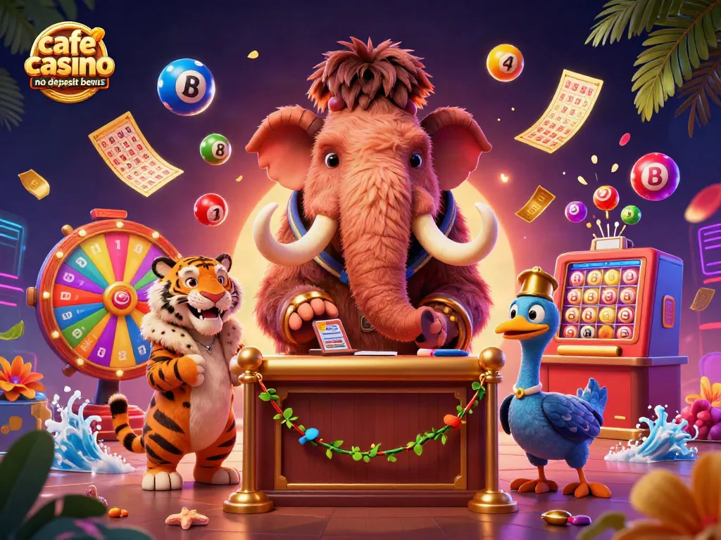 Experience the cafe casino no deposit bonus with vibrant characters in a colorful 3D casino scene.