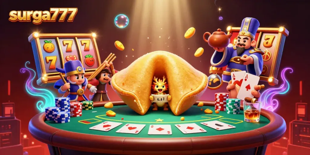 Experience the thrill of surga777 with vibrant slot reels and a wise dragon in a golden scene.