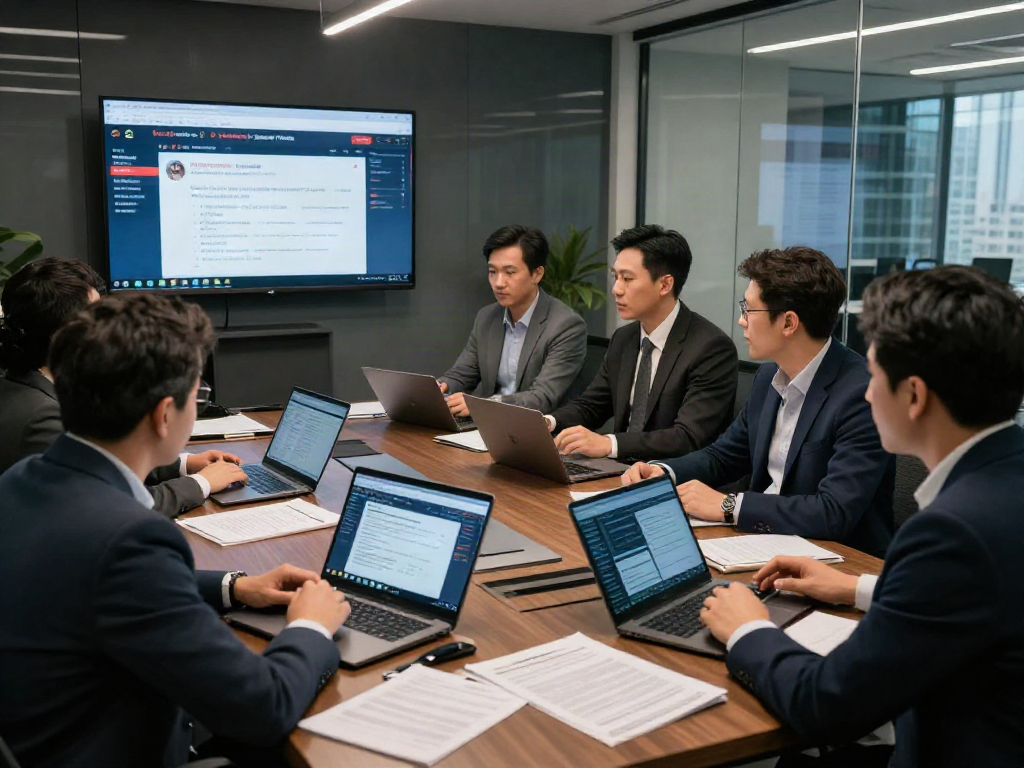 Experts discussing 먹튀검증 strategies in a modern office