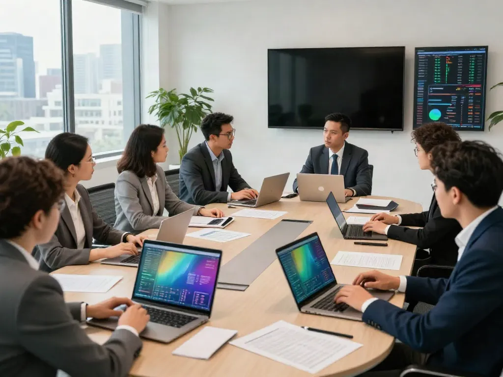 Engaged team at a restructuring advisory firm Chicagoland discussing financial strategies in a modern office.