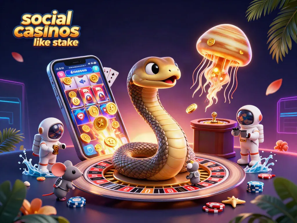 Engage with social casinos like stake, showcasing a vibrant 3D casino scene with playful characters.