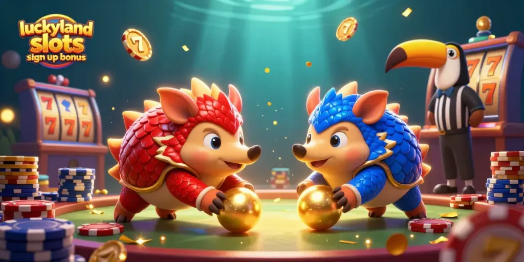 Experience the luckyland slots sign up bonus with vibrant pangolins bowling through golden prizes and slot elements!