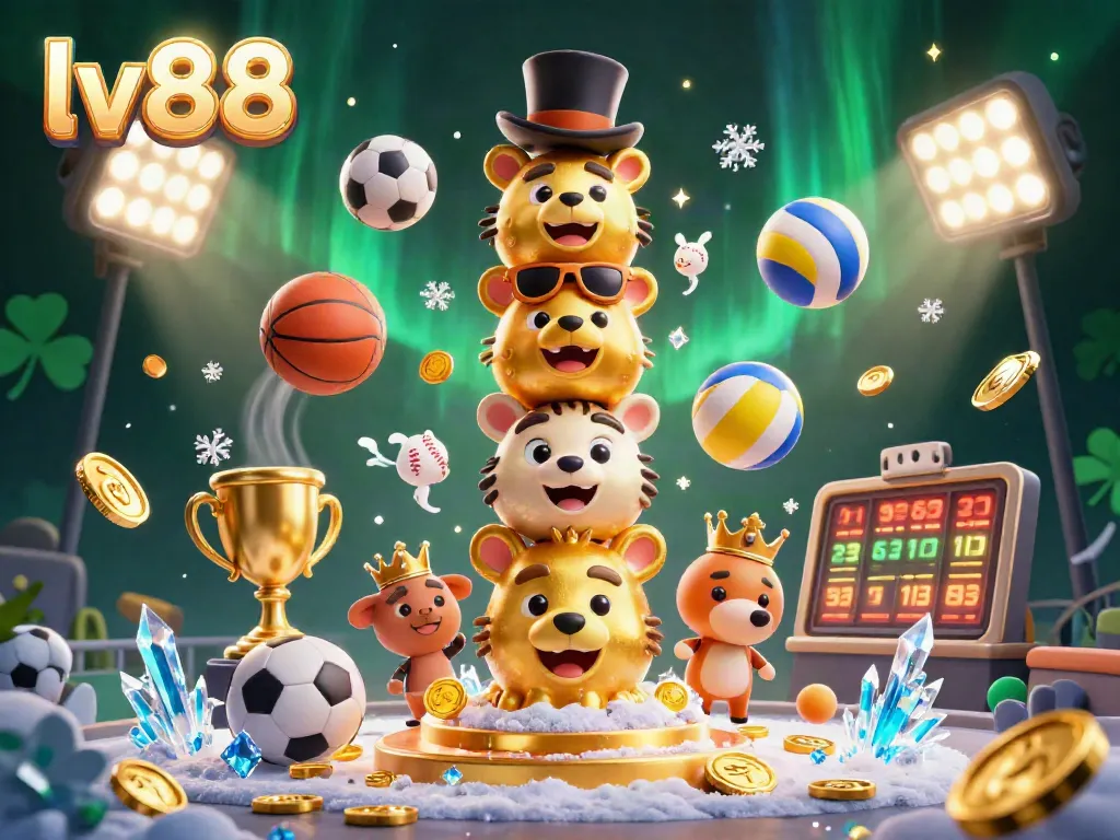 Experience thrilling gaming with lv88's vibrant 3D casino illustration full of sports and festive elements.