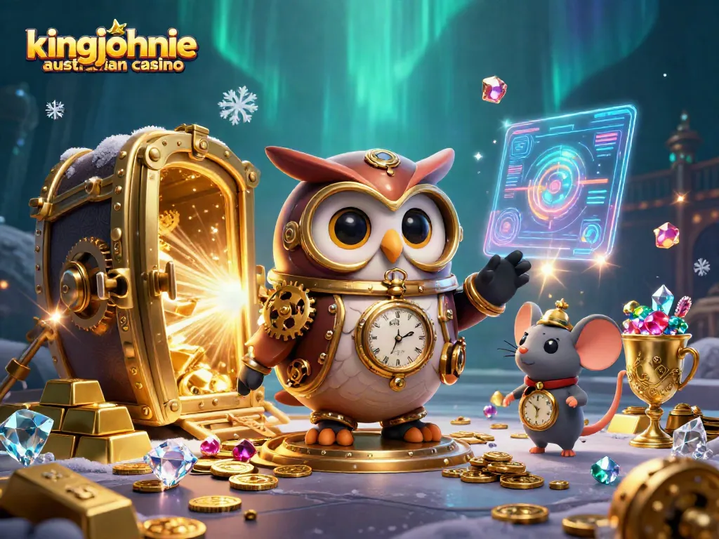 Experience the excitement of kingjohnnie australian casino with a vibrant 3D illustration featuring an owl and treasures.