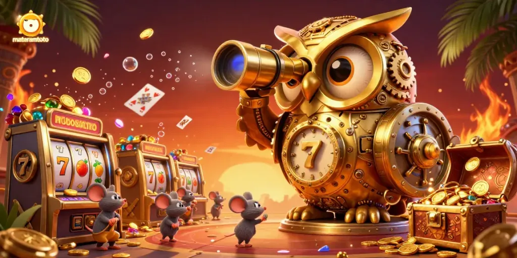 Engage with the thrilling casino atmosphere at mataramtoto as the clockwork owl surveys the gold-filled scene.