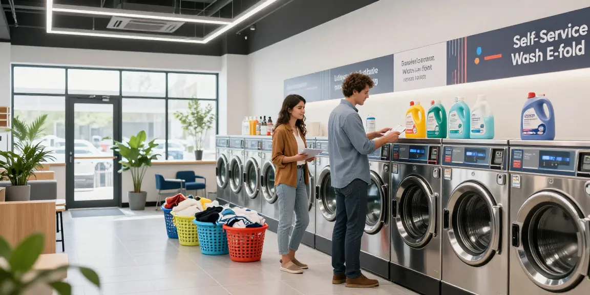 Laundromat startup costs overview with entrepreneur reviewing equipment in a modern facility.