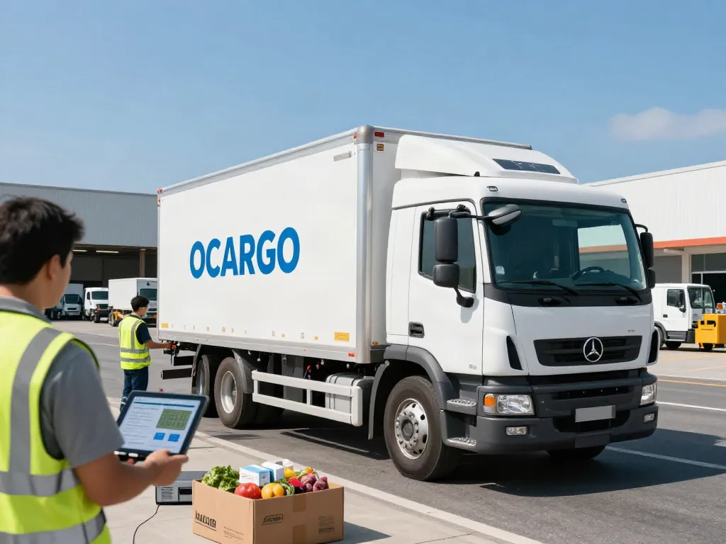 Frigo Spedition Deutschland: Modernes Kühlfahrzeug von OCARGO beim Transport temperaturkritischer Waren in einem Logistikzentrum.