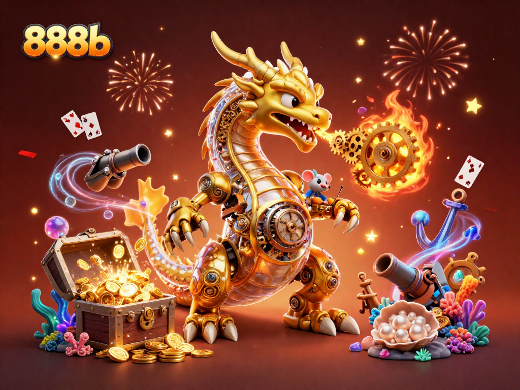 Experience slots excitement with 888b featuring a golden dragon amidst treasures and celebrations.