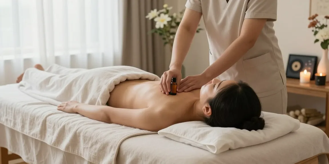 Professional 성북구출장마사지 session in a tranquil home setting with aromatic candles and relaxing ambiance.