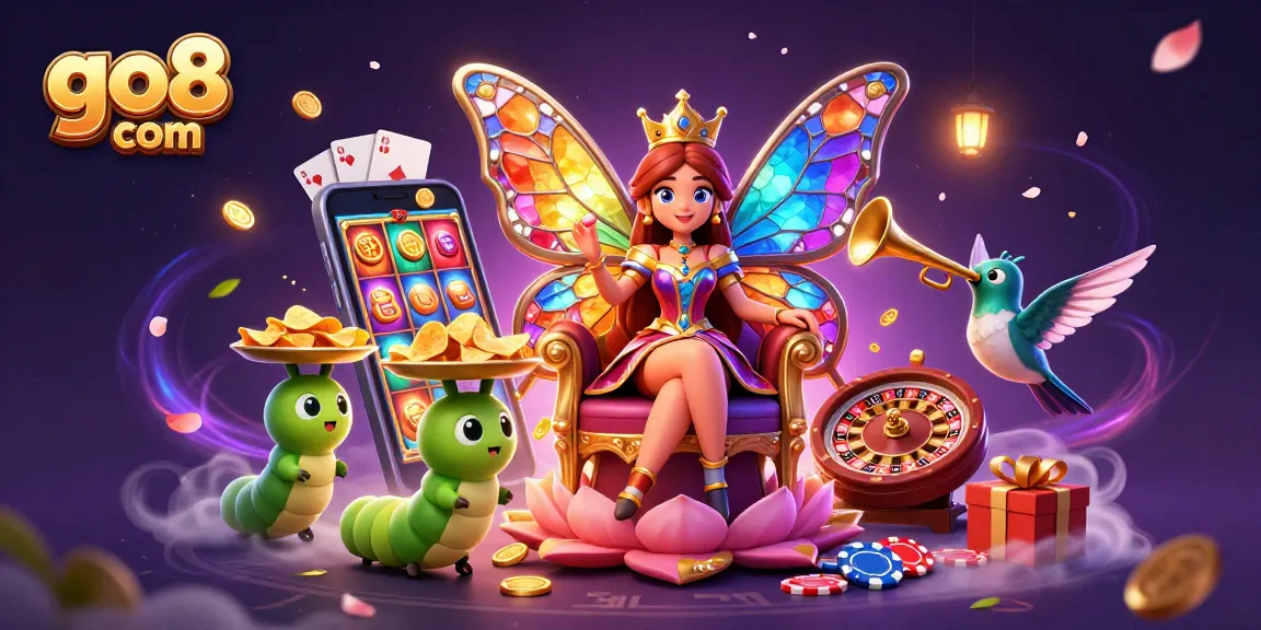 Win big at go8 com with vibrant casino characters and dynamic gaming elements in a fantastical setting.