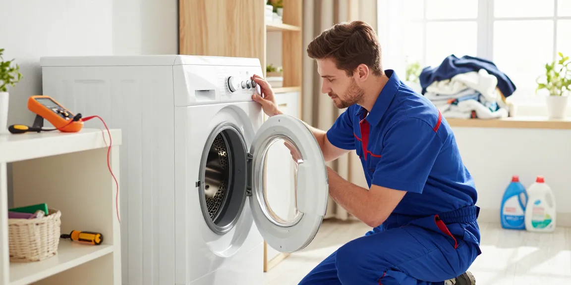 Technician performing dryer repair in a bright and organized laundry room, focusing on efficient service.