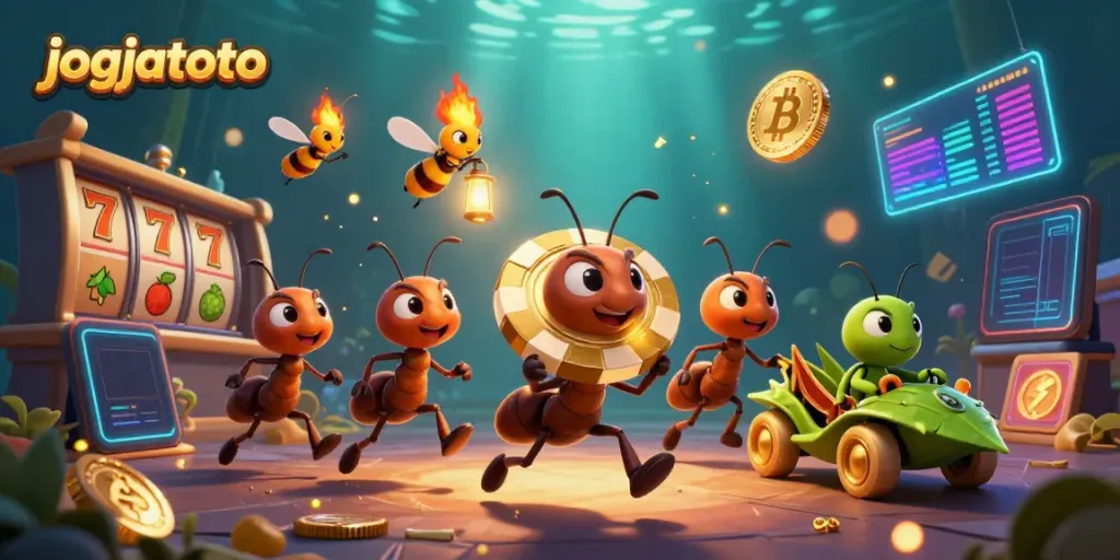 Experience the thrill of jogjatoto with a team of animated ants heisting a giant poker chip in a colorful casino scene.
