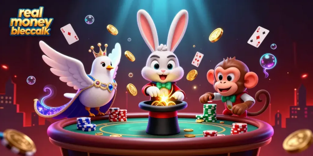 Engage in real money blackjack with a vibrant scene featuring a magician rabbit, dove, and monkey amidst casino elements.