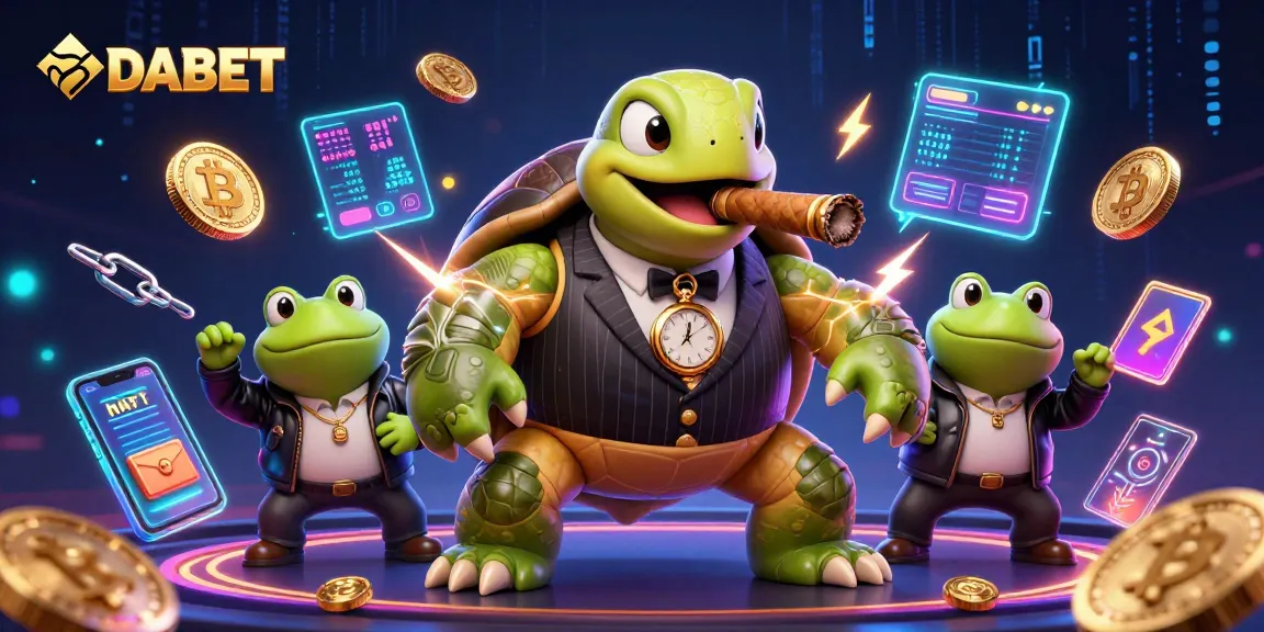 DABET welcomes players with an exciting 3D illustration featuring a snapping turtle mobster and glowing crypto elements.