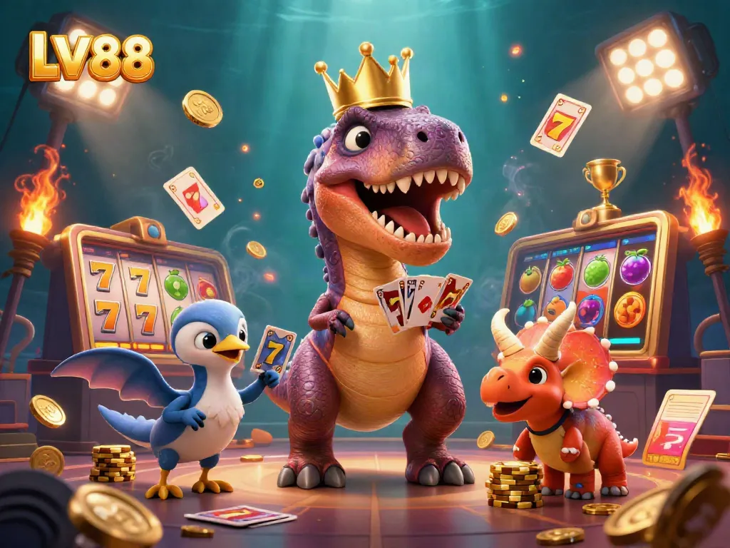Engage with LV88's unique casino experience featuring playful dinosaur characters in a vibrant gaming scene.