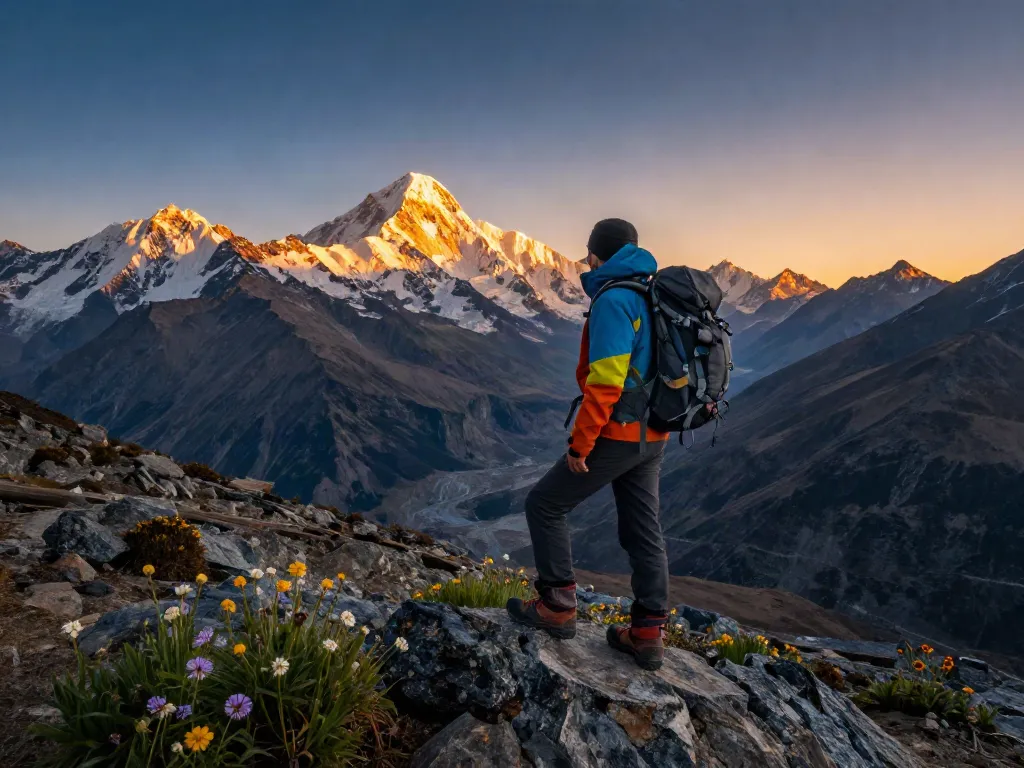 Stunning view of the Manaslu Circuit Trek at Larkya La Pass with a traveler enjoying the sunrise over snow-capped peaks.