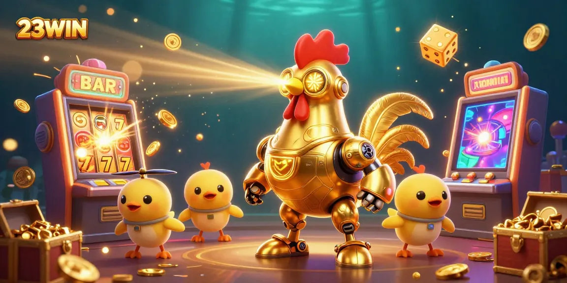 Engage in thrilling gameplay with the 23WIN casino, highlighted by a vibrant slot machine scene and dynamic characters.
