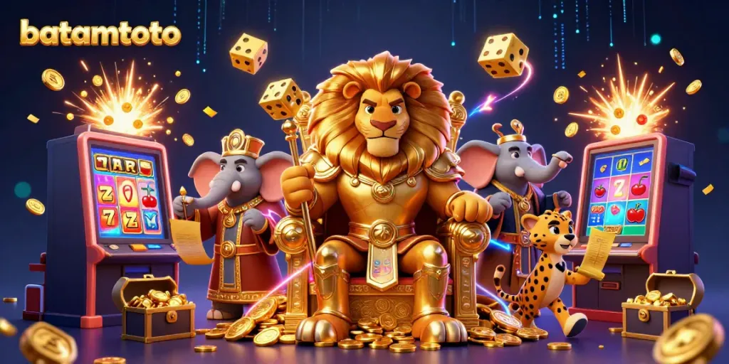Experience the thrill of batamtoto with a grand scene of an animated casino featuring royal characters.