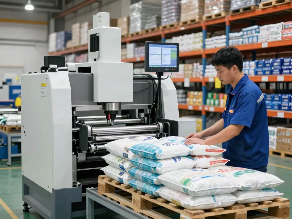 Automatic bag palletizer machine in operation with technician efficiently stacking bags in a bright industrial warehouse.