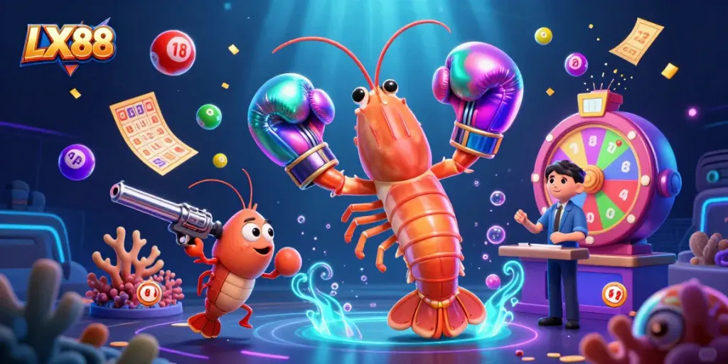 LX88 showcases vibrant lottery scenes with energetic characters and a dynamic prize atmosphere.