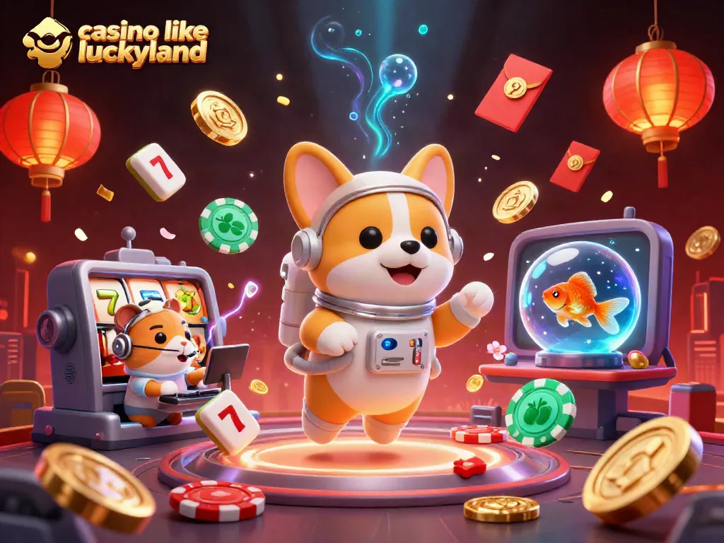 Play exciting games at casino like luckyland with golden coins, floating characters, and vibrant elements.