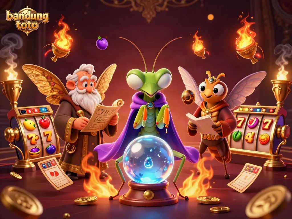 Engage with bandung toto's vibrant 3D casino scene showcasing cartoon gamblers, slot reels, and golden elements.