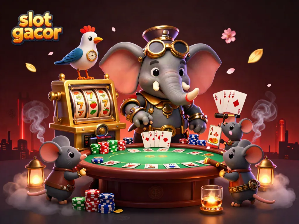 Experience the excitement of slot gacor with a steampunk elephant operating a golden slot machine and vibrant casino elements.
