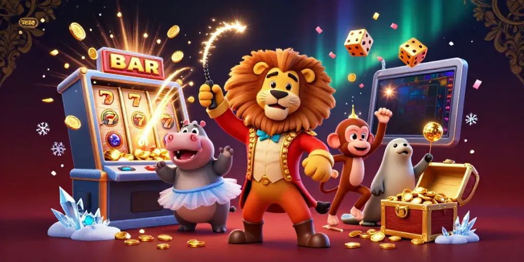 Engage with TK88 casino gaming in a vibrant, dynamic 3D circus scene featuring slot machines, lively characters, and winning elements.