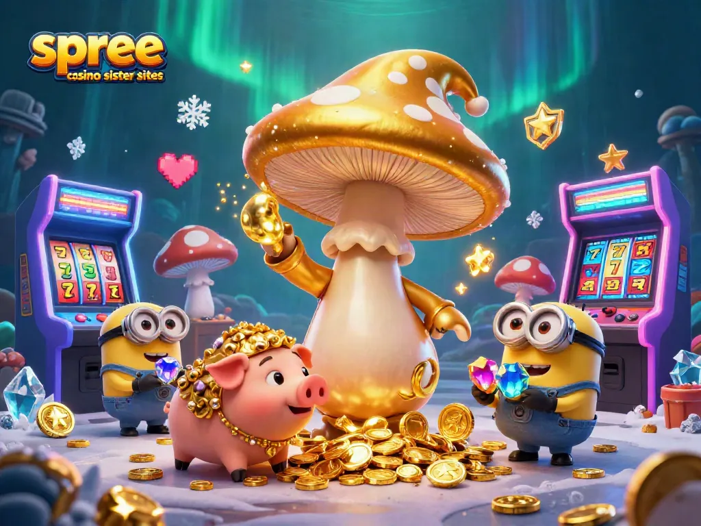 Explore the magic of spree casino sister sites with vibrant characters, slot machines, and treasure.