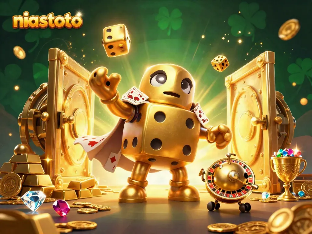 Engage in exciting gameplay with niastoto's golden dice golem against a backdrop of treasures.