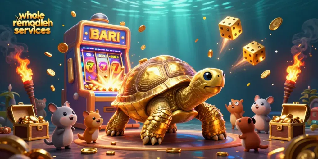 Engage with whole home remodeling services in a vibrant, casino-themed 3D cartoon illustration showcasing golden slots and jackpots.