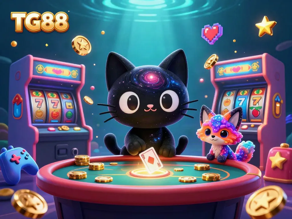 Experience thrilling gameplay at TG88 with a vibrant cosmic casino featuring slots and animated characters.
