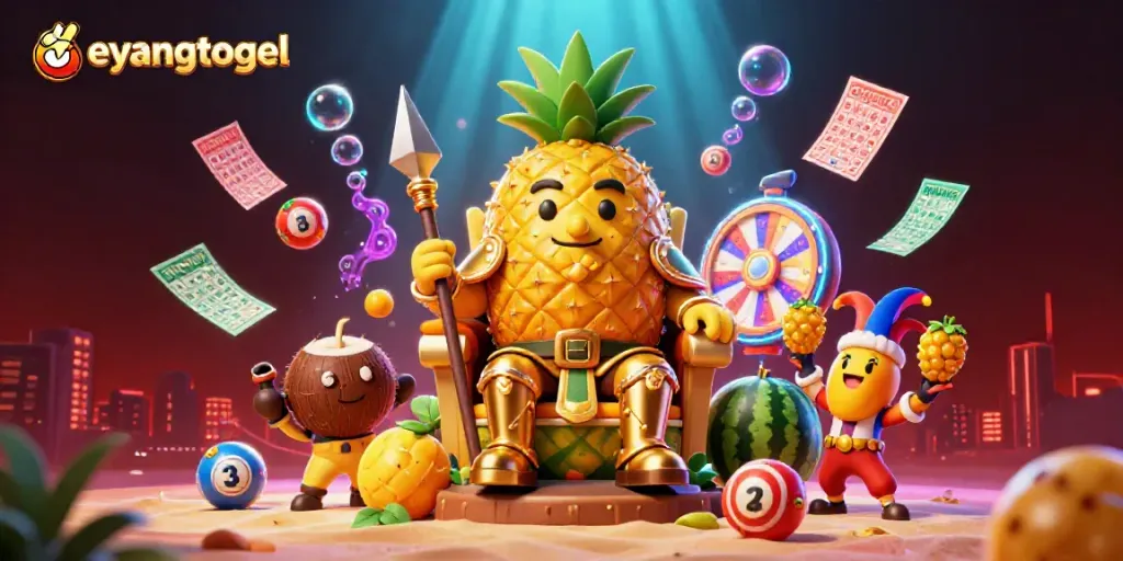 Join the vibrant eyangtogel scene featuring a golden pineapple king overseeing thrilling lottery games.