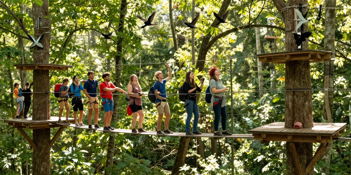 Treetop Walkway with friends enjoying nature, vibrant trees and sunlight filtering through leaves, capturing an adventurous outdoor experience.