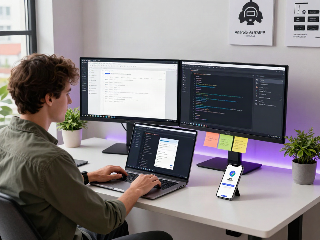 Mobile app developer showcasing MOD APK project on laptop in a modern workspace.