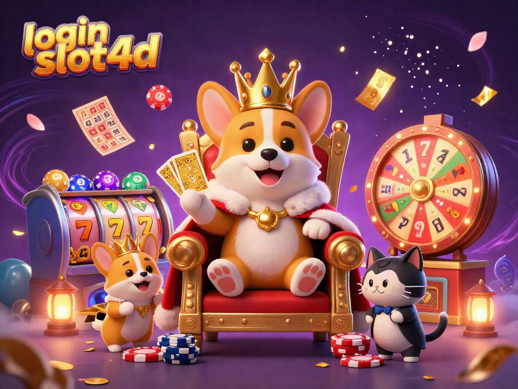 Spin the reels with login slot4d in this vibrant casino scene featuring royal corgi characters.