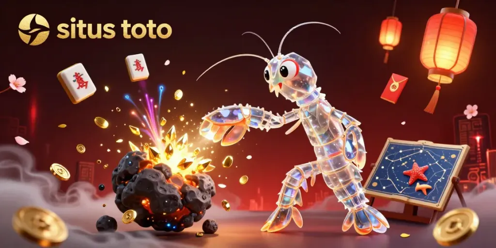 Experience excitement in situs toto with a galactic samurai mantis shrimp amidst exploding gems and coins.