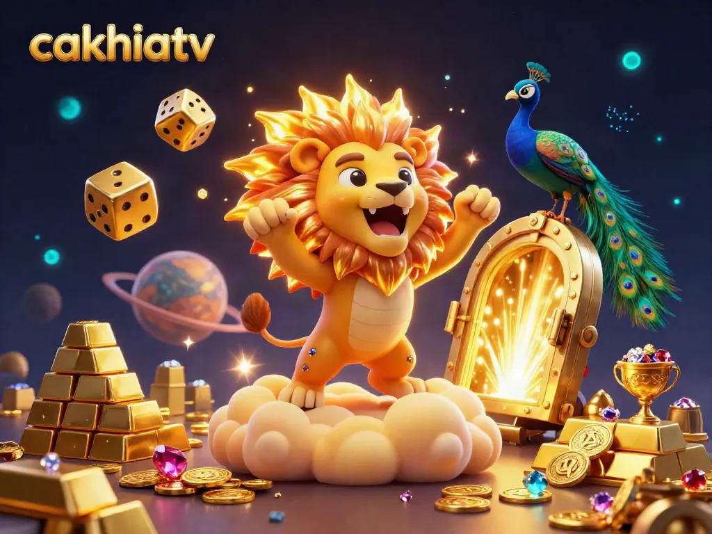 Cakhiatv reveals vibrant casino excitement with roaring lion and floating golden dice.