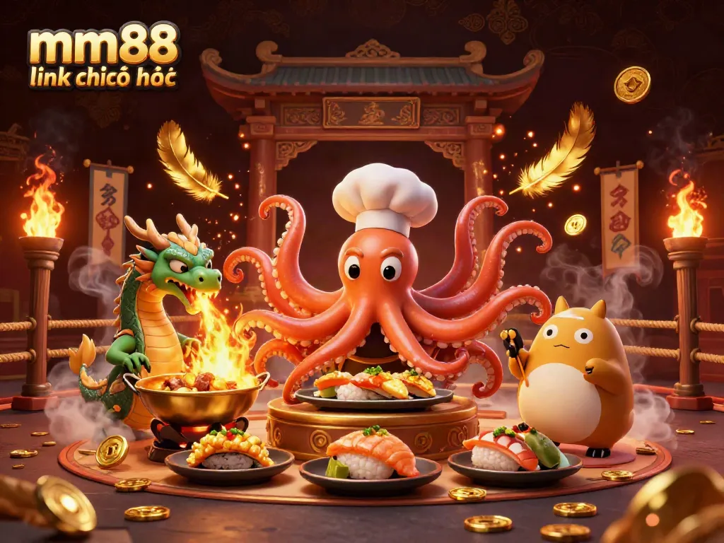 Experience engaging gameplay with the mm88 link chính thức, depicted in a vibrant 3D casino scene featuring a sushi chef octopus.