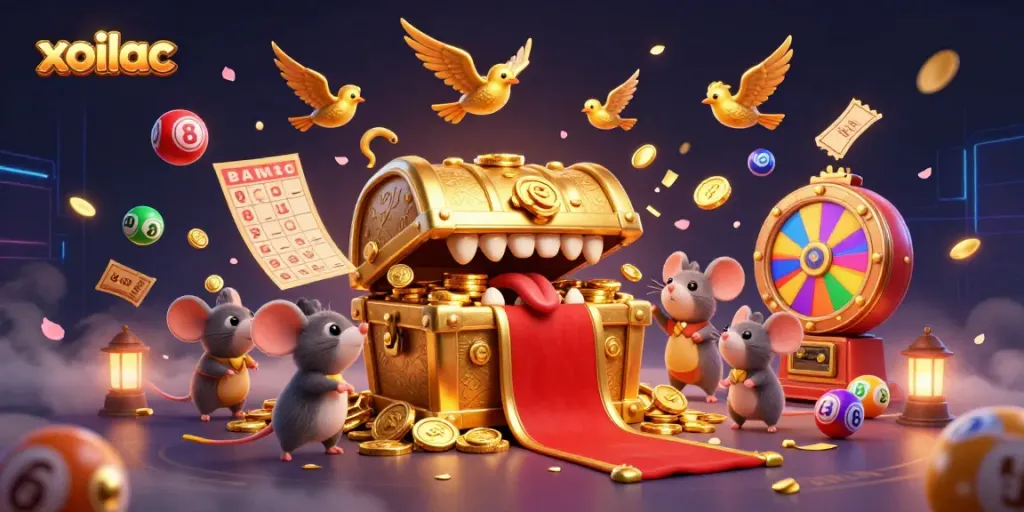 Experience a thrilling gaming adventure with xoilac, featuring dynamic lottery balls and a golden treasure chest.