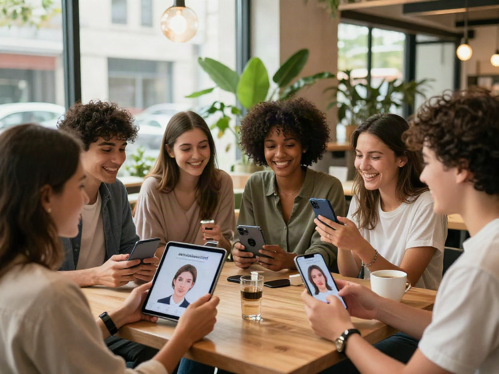 Engaging attractiveness test in a modern café with people examining their results.