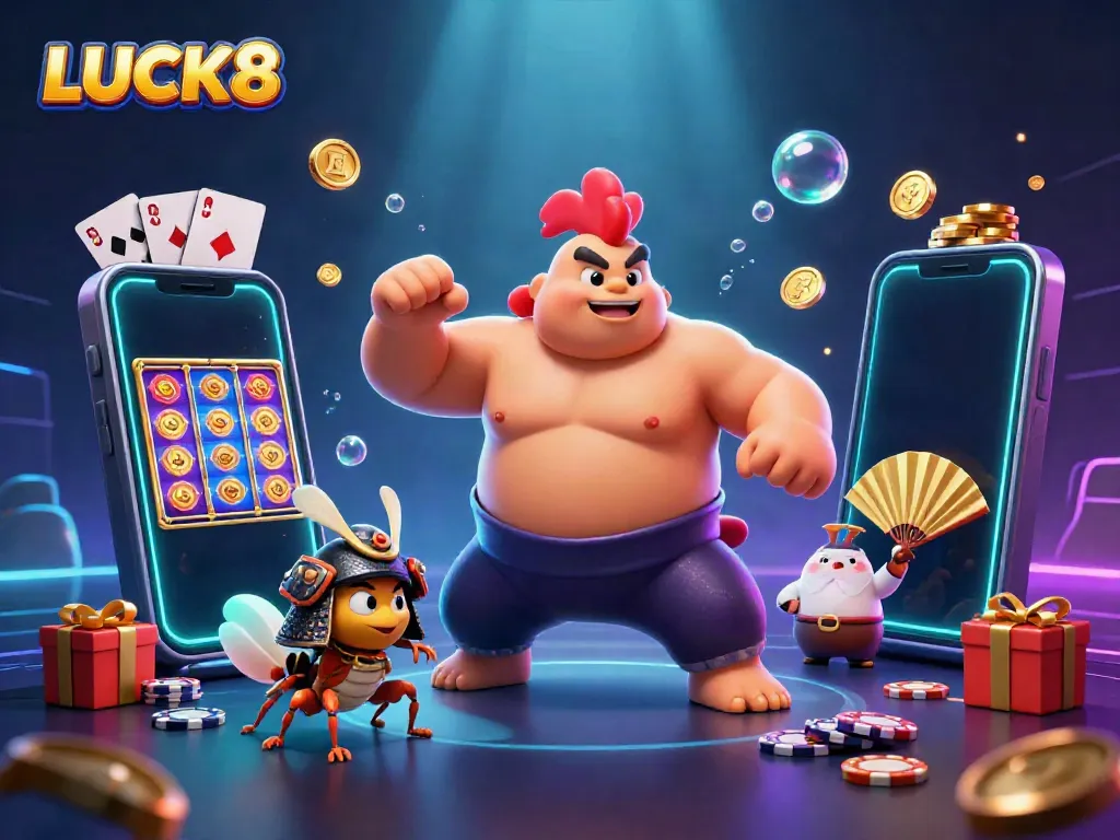 Experience LUCK8 with a vibrant 3D casino scene featuring energetic characters and exciting game elements.