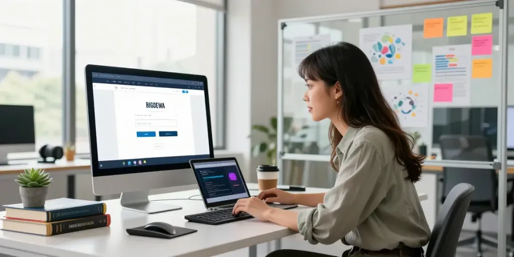 Young professional focused on bigdewa login in a vibrant office workspace