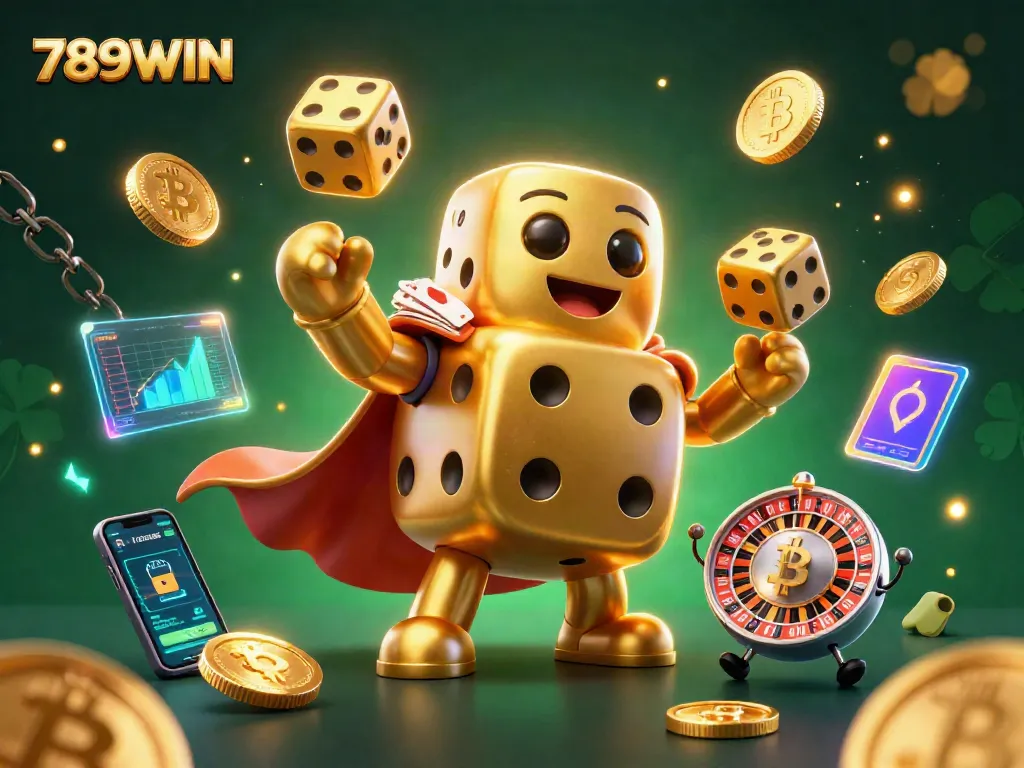 Try your luck at 789WIN with vibrant gaming elements and golden dice, all in a dynamic casino scene!
