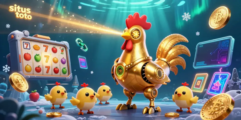 Win big with situs toto while enjoying an ultra-detailed casino scene featuring a golden rooster robot and cryptocurrency elements.