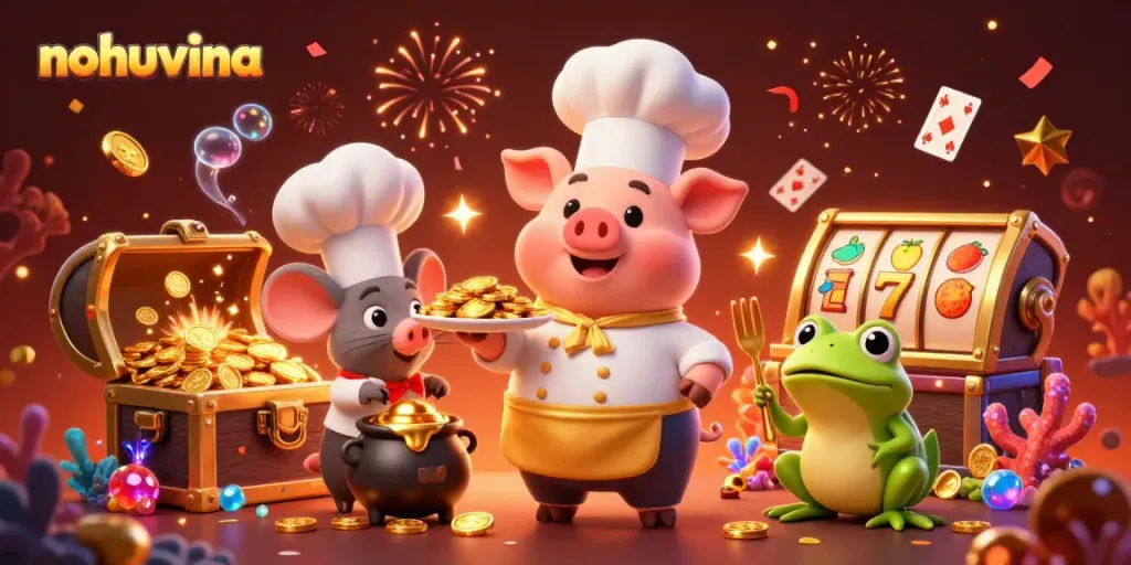 Experience the thrilling world of nohuvina with a cartoon pig chef serving gold coins amidst dynamic slots and vibrant scenes.