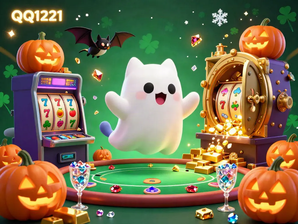 Experience excitement at QQ1221 with a ghost cat and bat in a vibrant casino scene.