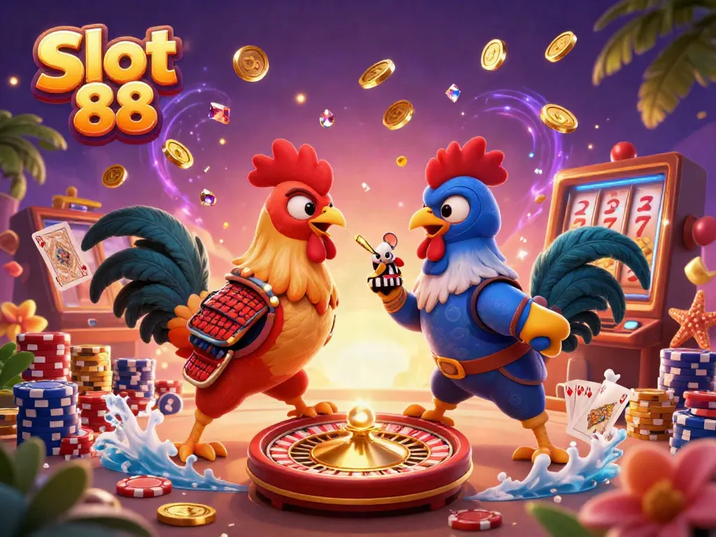 Engage in the excitement of Slot 88 with dynamic cartoon roosters battling and vibrant casino elements.