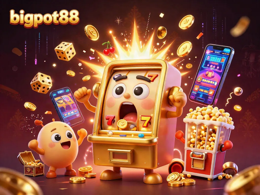 bigpot88 mesin slot menang jackpot dengan koin bertebaran, menunjukkan semangat perjudian yang meriah
